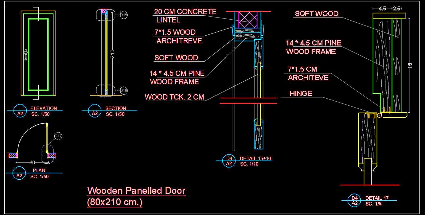 Wooden Door Detail CAD Drawing - Plans, Sections, Specifications